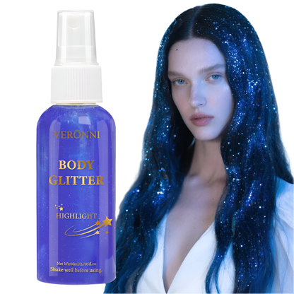 Bottle of Veronni body glitter with a model wearing blue glittery hair on a white background