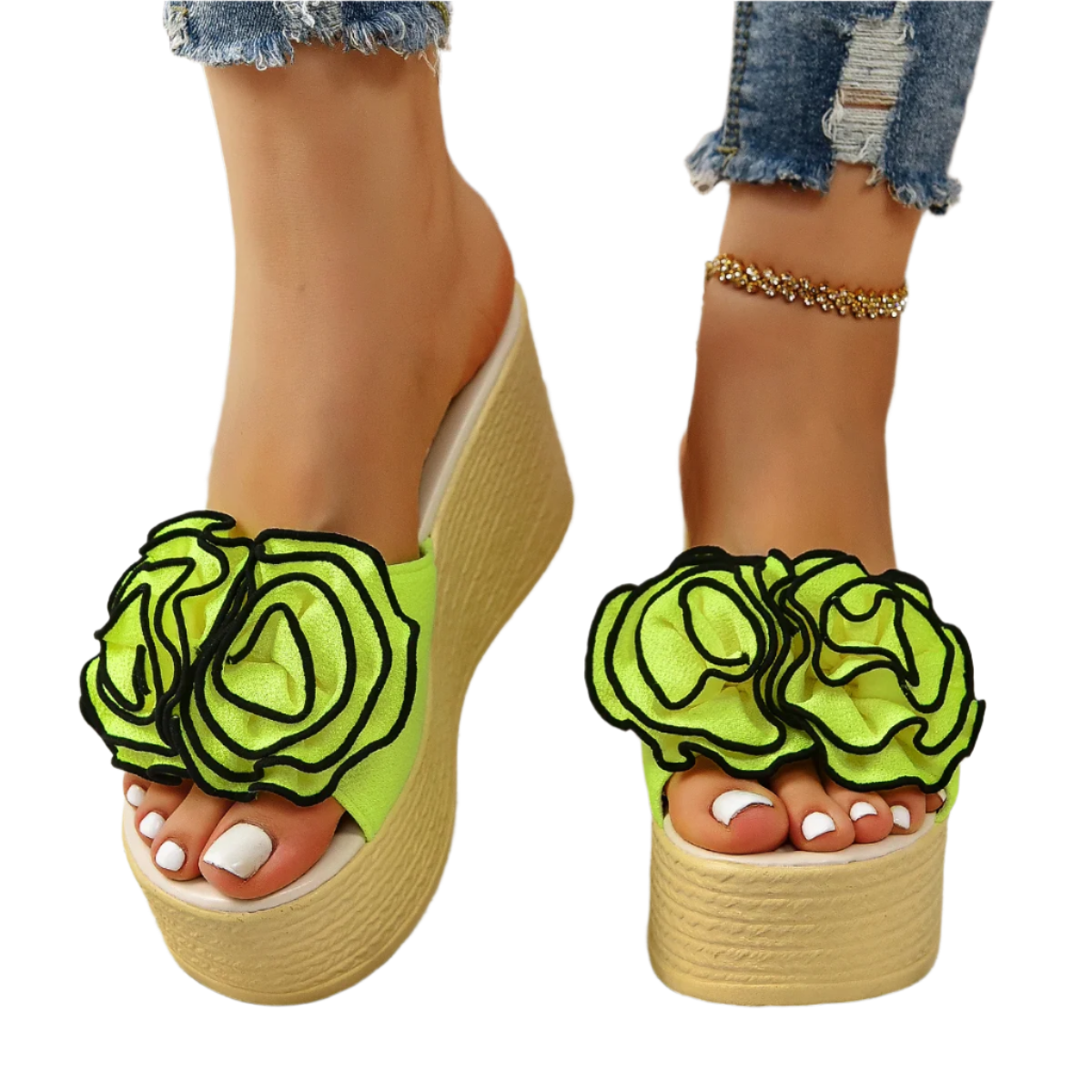 Women's Fluorescent Platform Slides with Bohemian Flower Detail - Resort Pool Wear