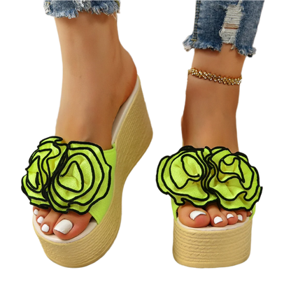 Women's Fluorescent Platform Slides with Bohemian Flower Detail - Resort Pool Wear