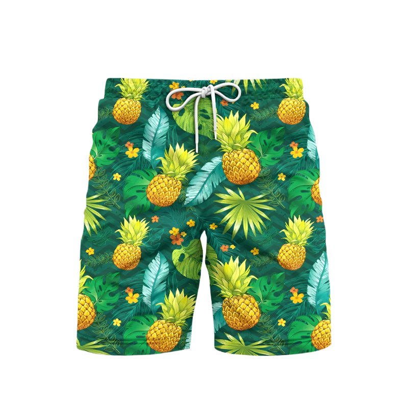 3D Pineapple Print Swim Trunks for luxury adult resorts, featuring vibrant tropical pattern on premium board shorts