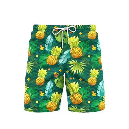 3D Pineapple Print Swim Trunks for luxury adult resorts, featuring vibrant tropical pattern on premium board shorts