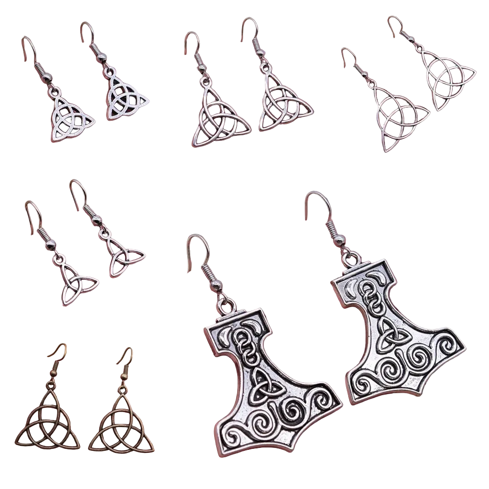 Six-panel collage showing silver-toned Celtic knot triquetra dangle earrings held in a person's hand, with two additional views showing one earring in bronze-toned metal. The earrings feature a Celtic knot triquetra design and a hammer-shaped pendant with Celtic knot details.