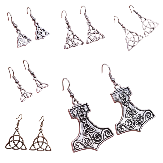 Six-panel collage showing silver-toned Celtic knot triquetra dangle earrings held in a person's hand, with two additional views showing one earring in bronze-toned metal. The earrings feature a Celtic knot triquetra design and a hammer-shaped pendant with Celtic knot details.