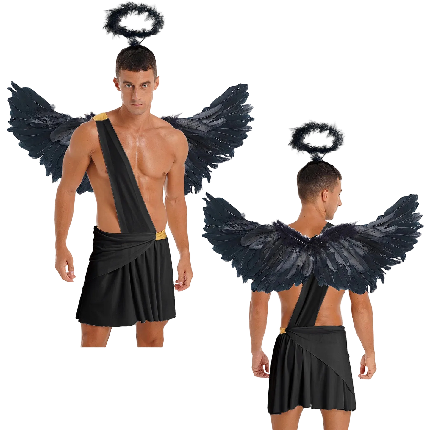 A men's angel costume shown on a model from front and back views against a plain white background. The costume includes a black draped toga-style wrap, a black pleated skirt, large black feather wings, and a black halo headpiece.