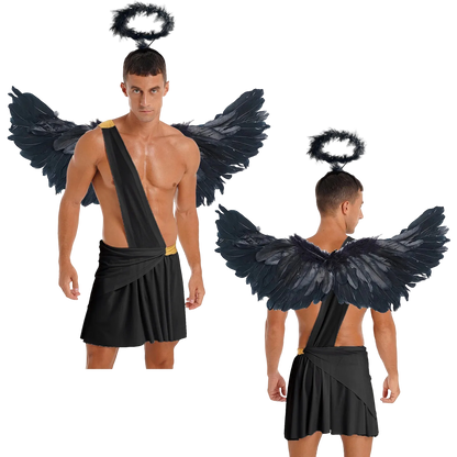 A men's angel costume shown on a model from front and back views against a plain white background. The costume includes a black draped toga-style wrap, a black pleated skirt, large black feather wings, and a black halo headpiece.