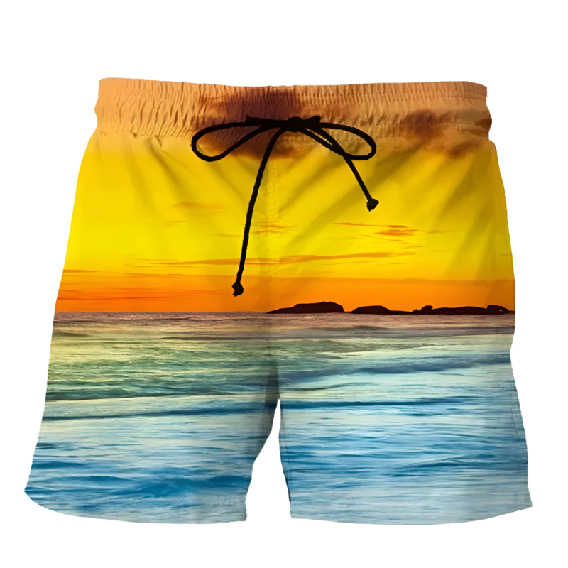 Summer Sunset 3D Printed Beach Shorts featuring vibrant sunset design, perfect for luxury adult resorts