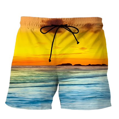 Summer Sunset 3D Printed Beach Shorts featuring vibrant sunset design, perfect for luxury adult resorts