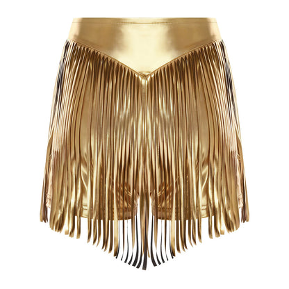 Women Iridescent Metallic Hot Pants with Fringed High Waist Tassel Skirted Shorts Cheeky Shorts Stage Dance Jazz Rock Clubwear