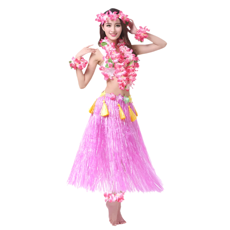 colorful hula outfits. Each ensemble includes a vibrant floral top, matching lei, and a grass skirt in pink, yellow, red, and blue, with floral headpieces and bracelets.