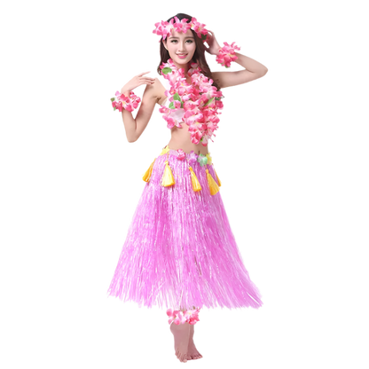 colorful hula outfits. Each ensemble includes a vibrant floral top, matching lei, and a grass skirt in pink, yellow, red, and blue, with floral headpieces and bracelets.