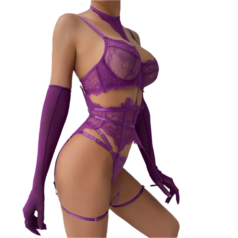 Person wearing a purple lace lingerie set with matching gloves against a white wall.