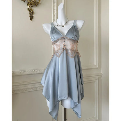 Sexy Women Lingerie Nightgown Chemise Sleepwear Patchwork Hollow Out Lace Nightdress Homeweae Summer Ice Silk Nightie Loungewear