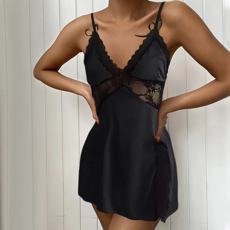 Patchwork Perspective Lace Nightgown Intimate Lingerie Summer New Female Sleepwear Suspender Nightdress Satin Homewear Undewear