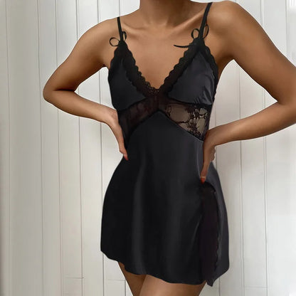 Patchwork Perspective Lace Nightgown Intimate Lingerie Summer New Female Sleepwear Suspender Nightdress Satin Homewear Undewear