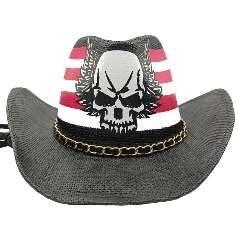 Cowboy hat with skull design and American flag pattern on a white background