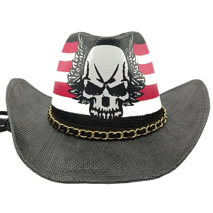 Cowboy hat with skull design and American flag pattern on a white background