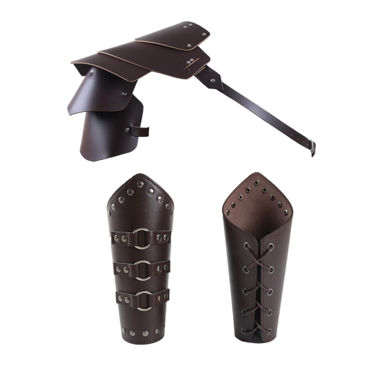 Dark brown faux leather medieval-style armor accessories, including a shoulder guard with a strap, a forearm guard with buckle straps, and a lace-up shin guard, displayed on a solid white background.