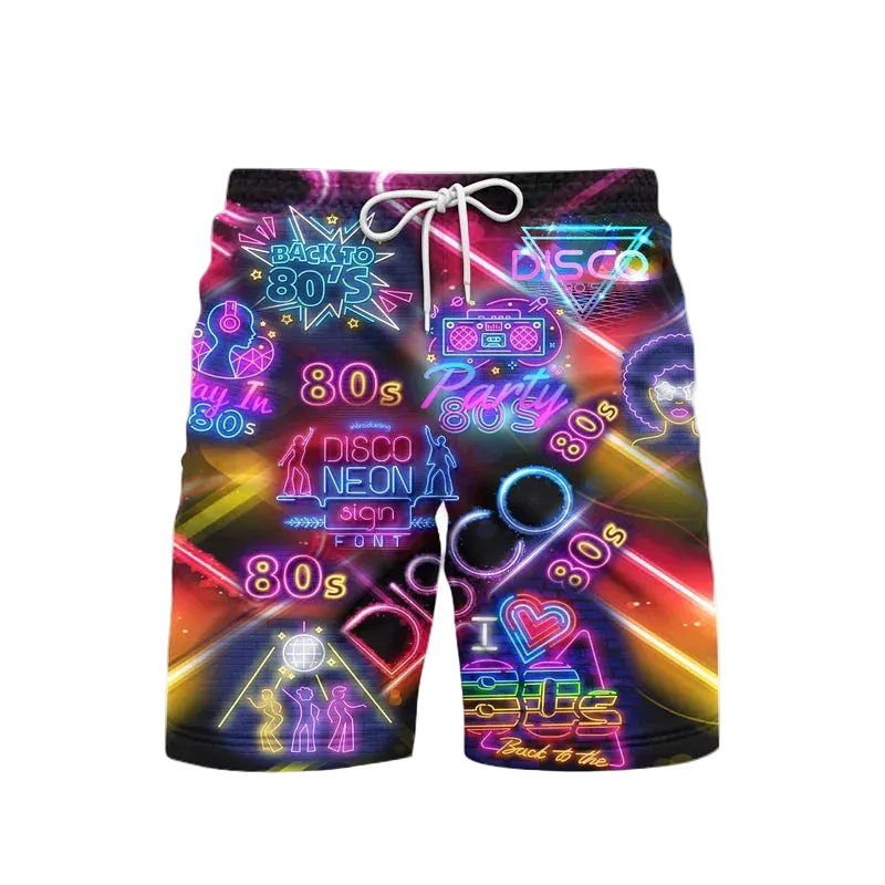Neon 80s-themed shorts with colorful graphics on a white background