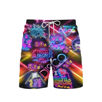 Neon 80s-themed shorts with colorful graphics on a white background