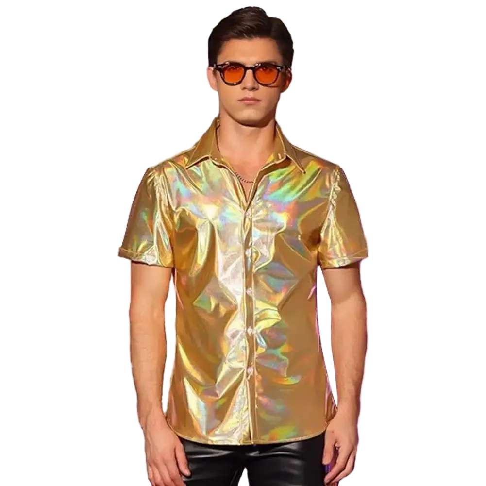 Man wearing a reflective gold shirt and sunglasses on a white background
