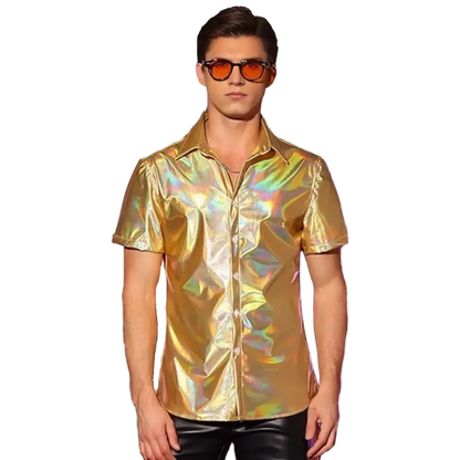 Man wearing a reflective gold shirt and sunglasses on a white background