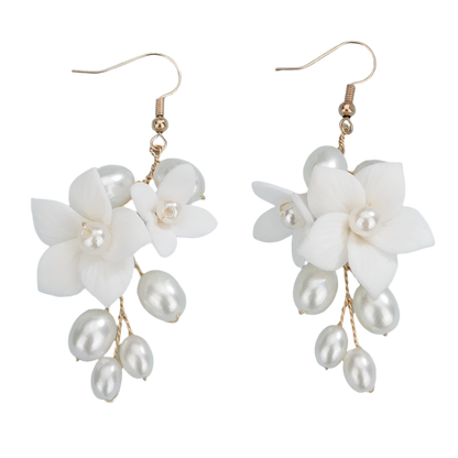 legant rose gold ceramic flower pearl earrings with matching headwear - perfect for resort weddings and romantic occasions