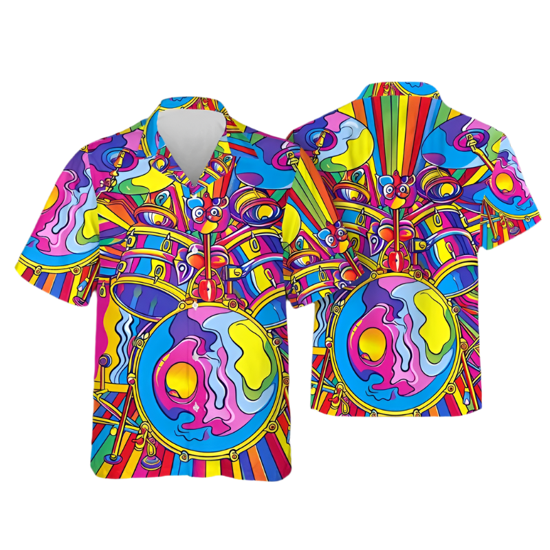 Colorful psychedelic shirt with abstract designs on a plain background