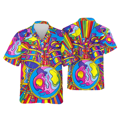 Colorful psychedelic shirt with abstract designs on a plain background