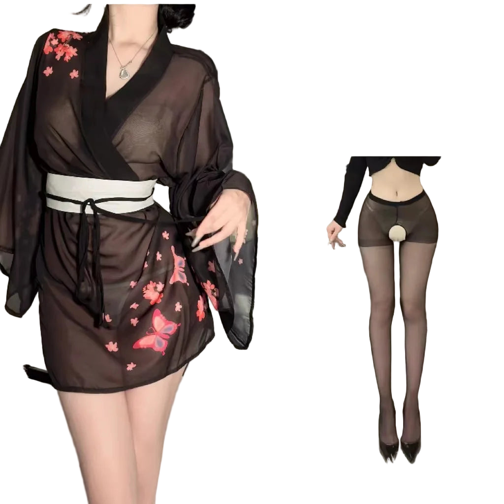 Black kimono with floral patterns worn by a person, with inset showing outfit details.