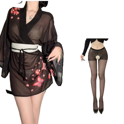 Black kimono with floral patterns worn by a person, with inset showing outfit details.