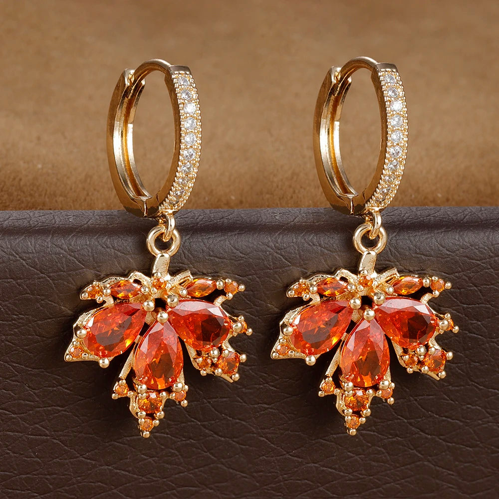 2pcs Vintage Crystal Zircon Stainless Steel Maple Leaf Earrings for Women Temperament Hoop Earrings Party Piercing Jewelry Gift