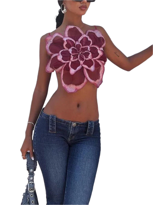 Women's 3D flower cami crop top with Y2K sleeveless backless spaghetti strap design for going out party streetwear resort entertainment