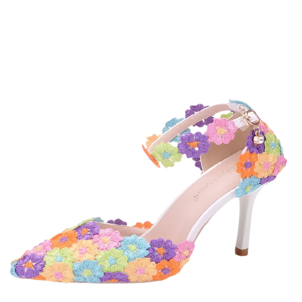 Colorful floral high-heeled shoes with a heel height of 7cm on a white background