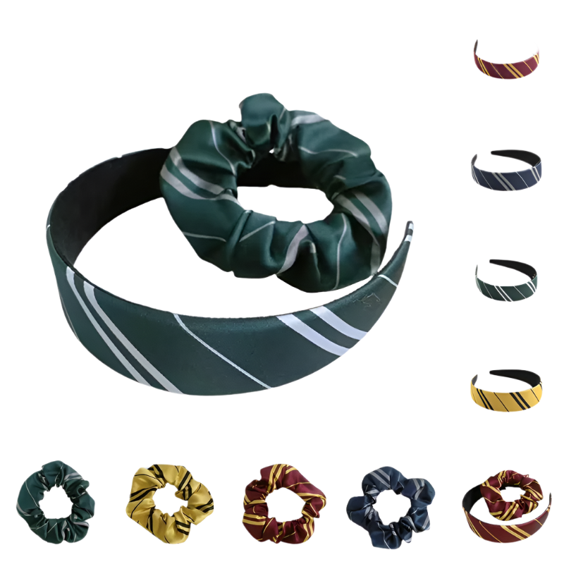 Set of hairbands and scrunchies with striped patterns on a white background