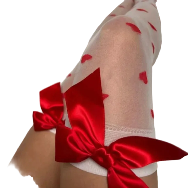 Women’s Heart Thigh High Stockings | Bow Detail Sheer Hosiery