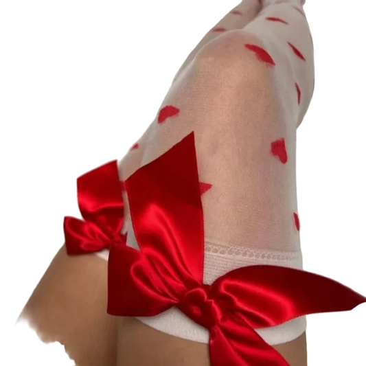 Women’s Heart Thigh High Stockings | Bow Detail Sheer Hosiery