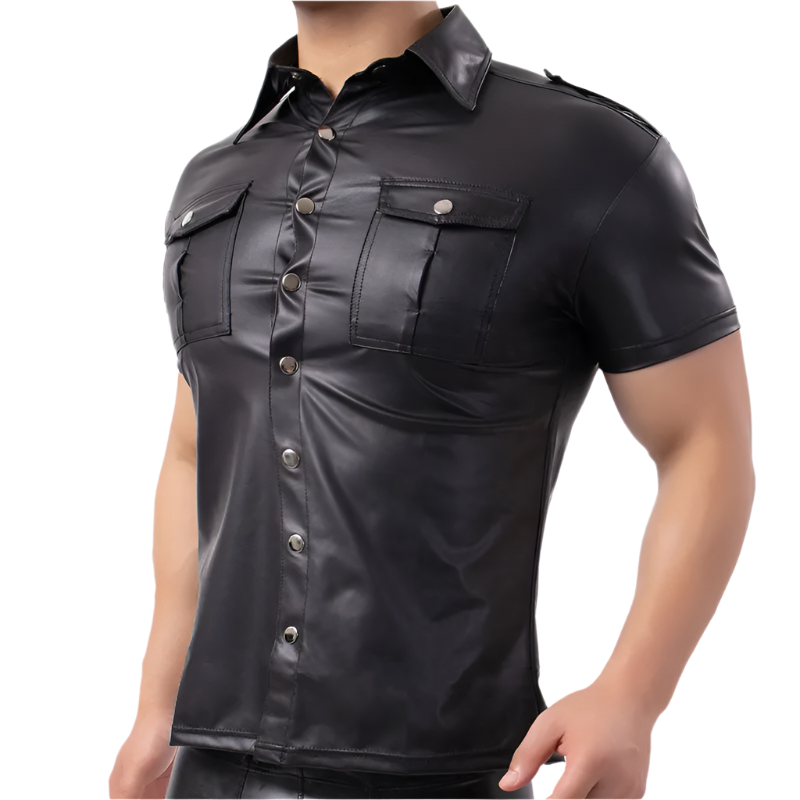 Black leather shirt worn by a person on a white background