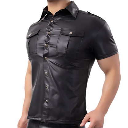 Black leather shirt worn by a person on a white background