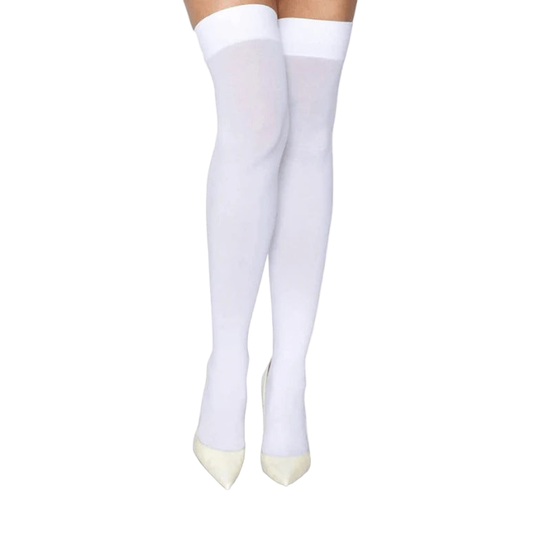 White knee-high socks with a small white band at the bottom on a white background