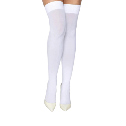 White knee-high socks with a small white band at the bottom on a white background