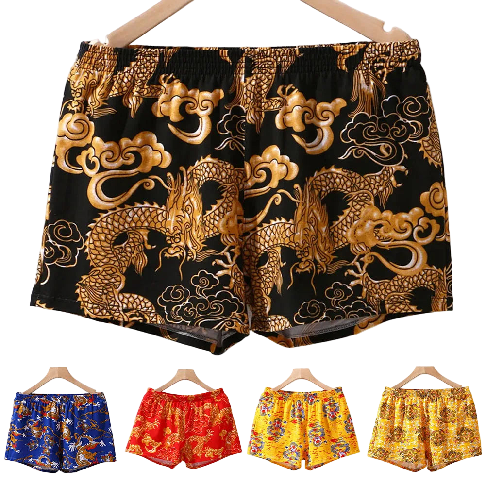 Traditional Chinese dragon patterned shorts on hangers with color options displayed below.