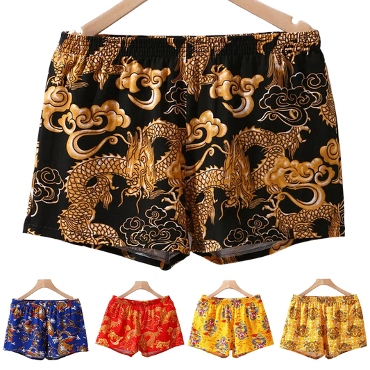 Traditional Chinese dragon patterned shorts on hangers with color options displayed below.