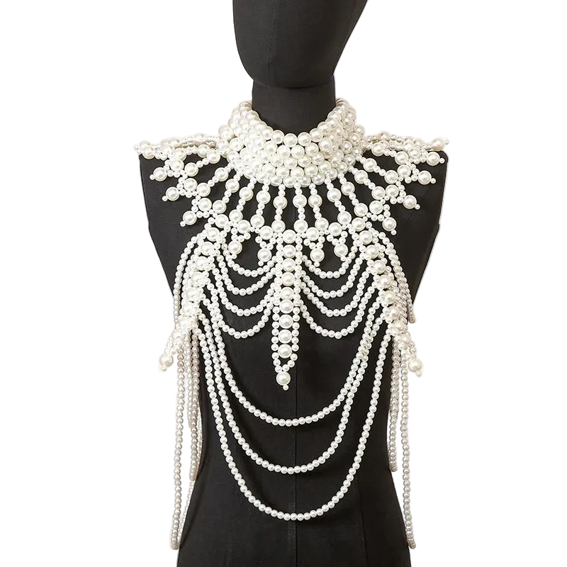 Mannequin wearing a decorative pearl necklace with a plain background