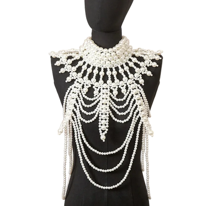 Mannequin wearing a decorative pearl necklace with a plain background