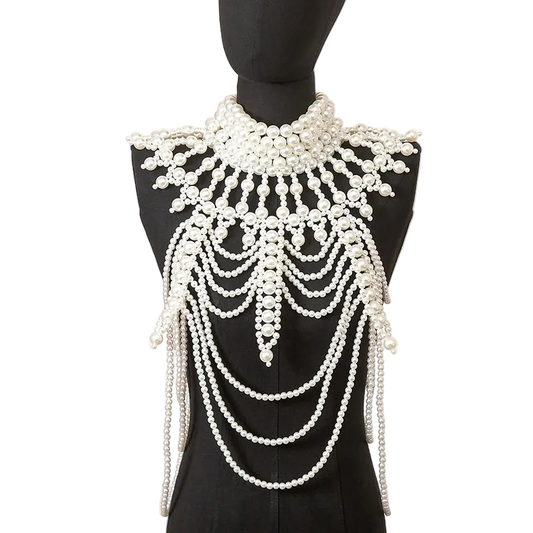 Mannequin wearing a decorative pearl necklace with a plain background