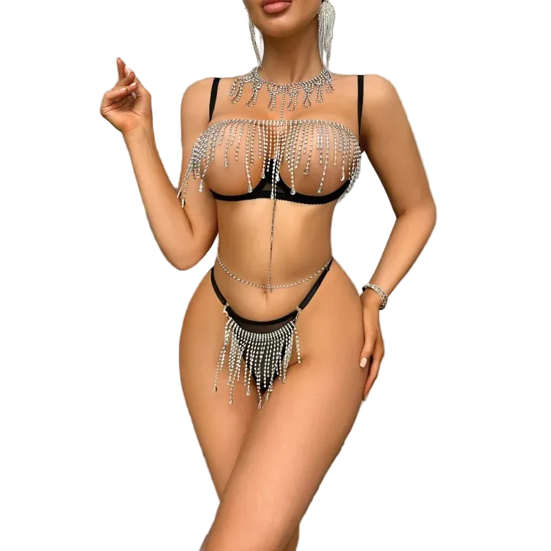 A woman modeling a black two-piece bikini with extensive silver rhinestone fringe details, including a top, bottom, and matching neck, waist, and arm accessories, set against a gray wall with a potted plant.