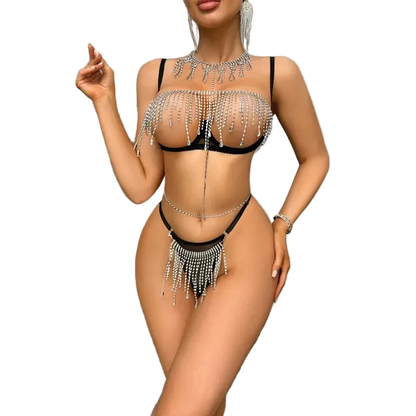 A woman modeling a black two-piece bikini with extensive silver rhinestone fringe details, including a top, bottom, and matching neck, waist, and arm accessories, set against a gray wall with a potted plant.