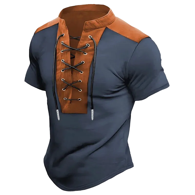 Blue and brown short-sleeve shirt with lace-up front on a white background