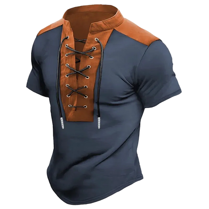 Blue and brown short-sleeve shirt with lace-up front on a white background