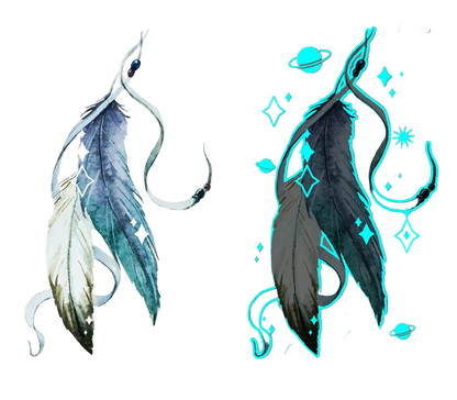 Two feather-themed tattoo designs on a white background